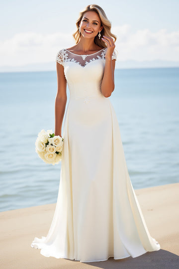 Ivory Satin Lace A Line Boat Neck Wedding Dress